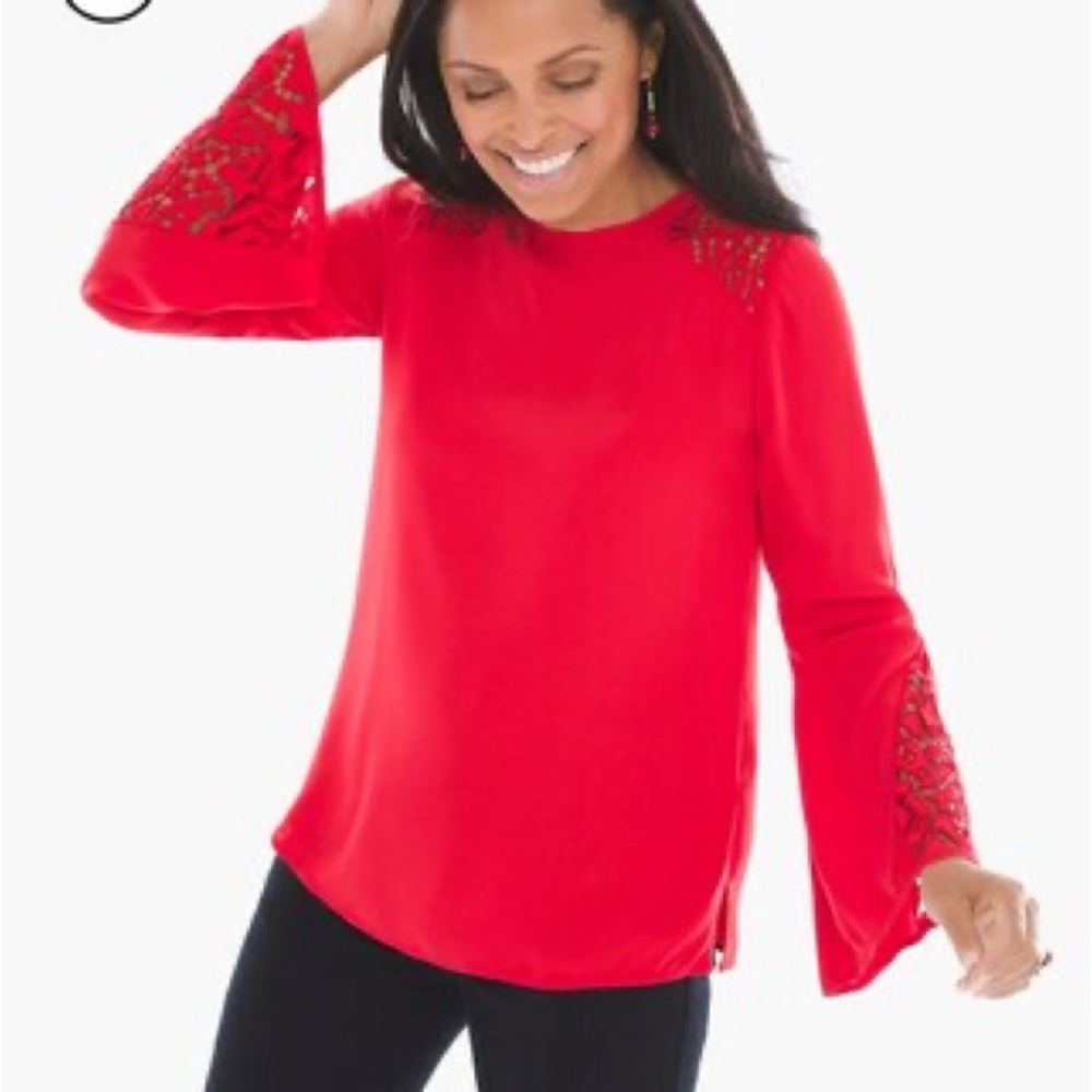 Chico’s Bell Sleeve Lace Cutout Blouse Top Size 1 Medium Red